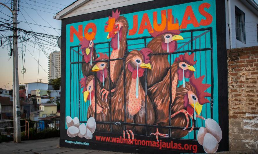 Mural gigante pide mejores condiciones en la producción de huevos vendidos por multinacional minorista