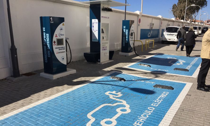 En esta imagen hay un lugar para recargar autos eléctricos, hay señaléticas en el suelo de color azul